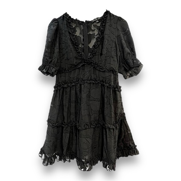STORY ON Black Sheer Lace V Neck Puff Short Sleeve Dress SZ SM - Picture 4 of 12